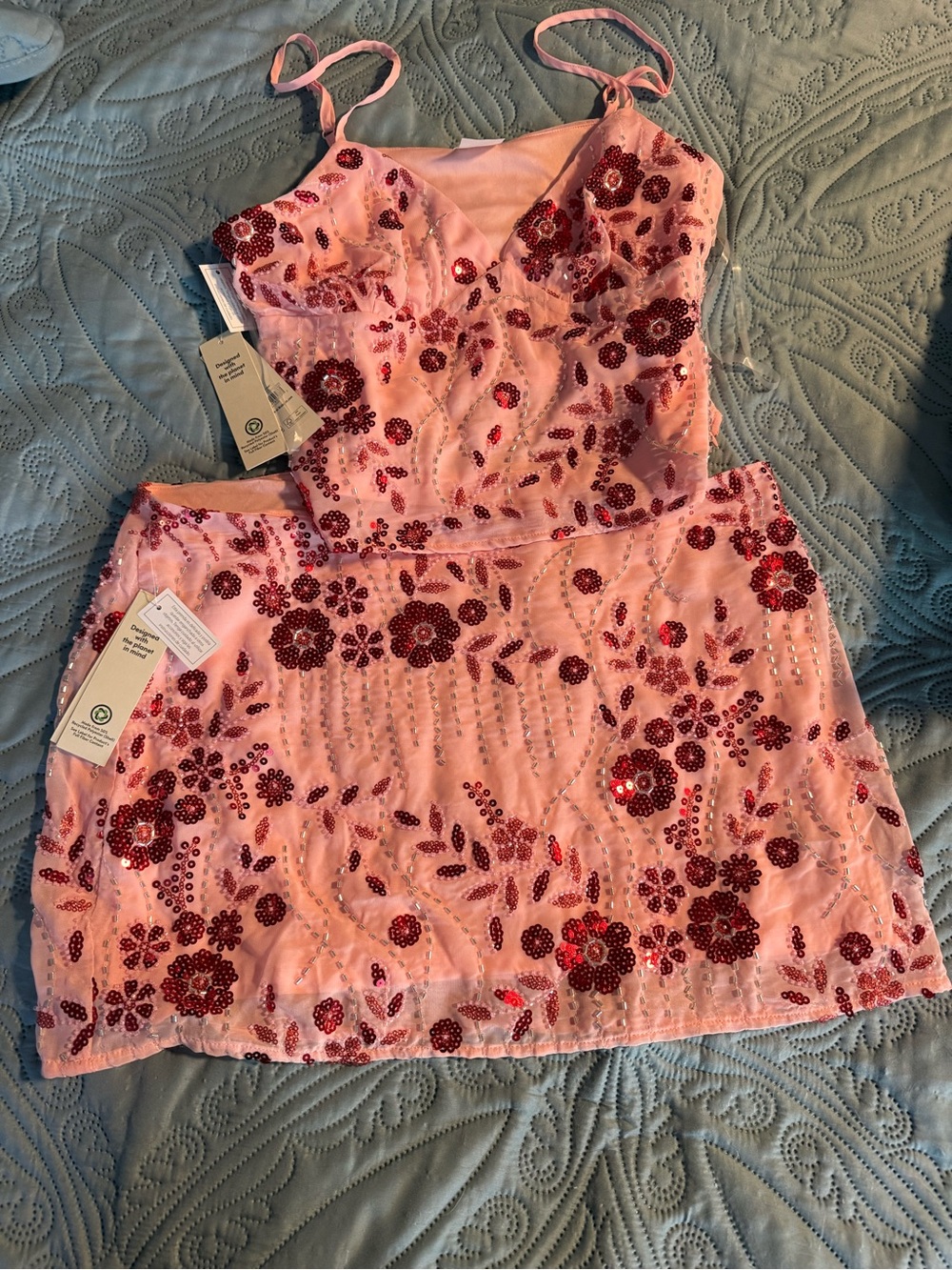No Boundaries Pink Sequin Floral Two-Piece Dress